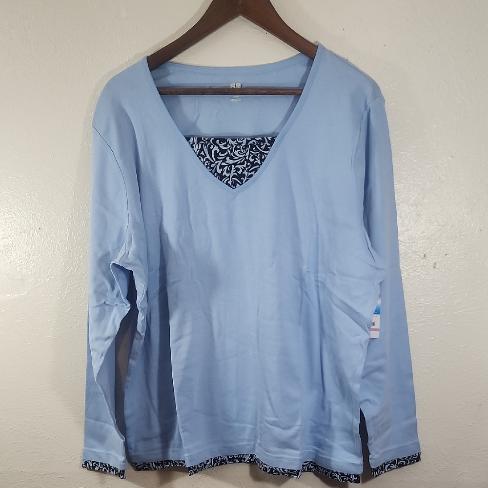 SJB Active Long Sleeve Layered Look Women's Light Blue V-Neck Top Size 2X NWT